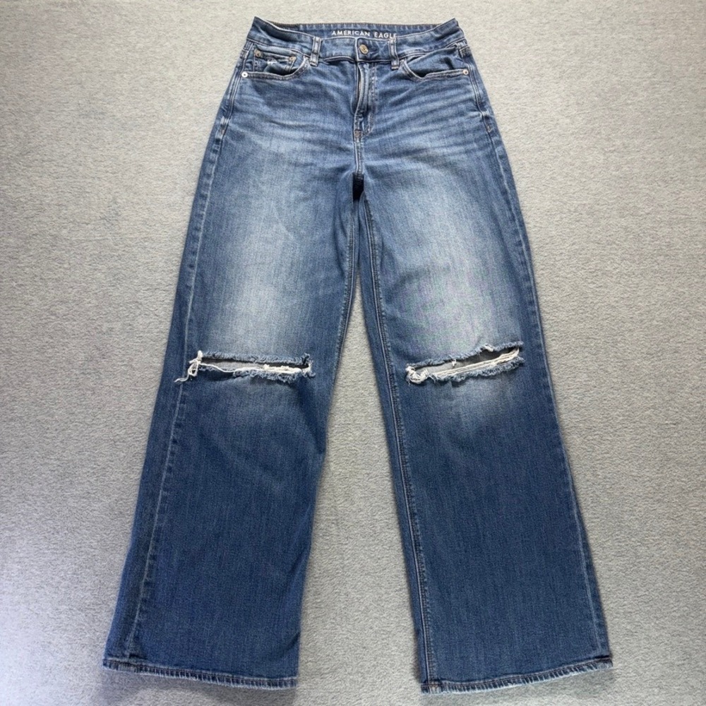 American Eagle Jeans Womens 2 Blue Super High Rise Baggy Wide Leg Distressed
